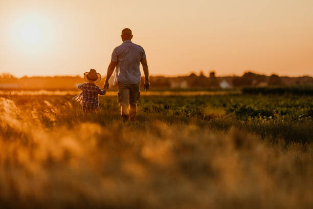 A parent and child walking through a field at sunset